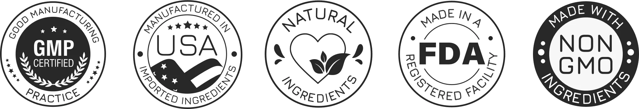FemiPro quality and safety certifications seal - GMP, FDA registered, Non-GMO