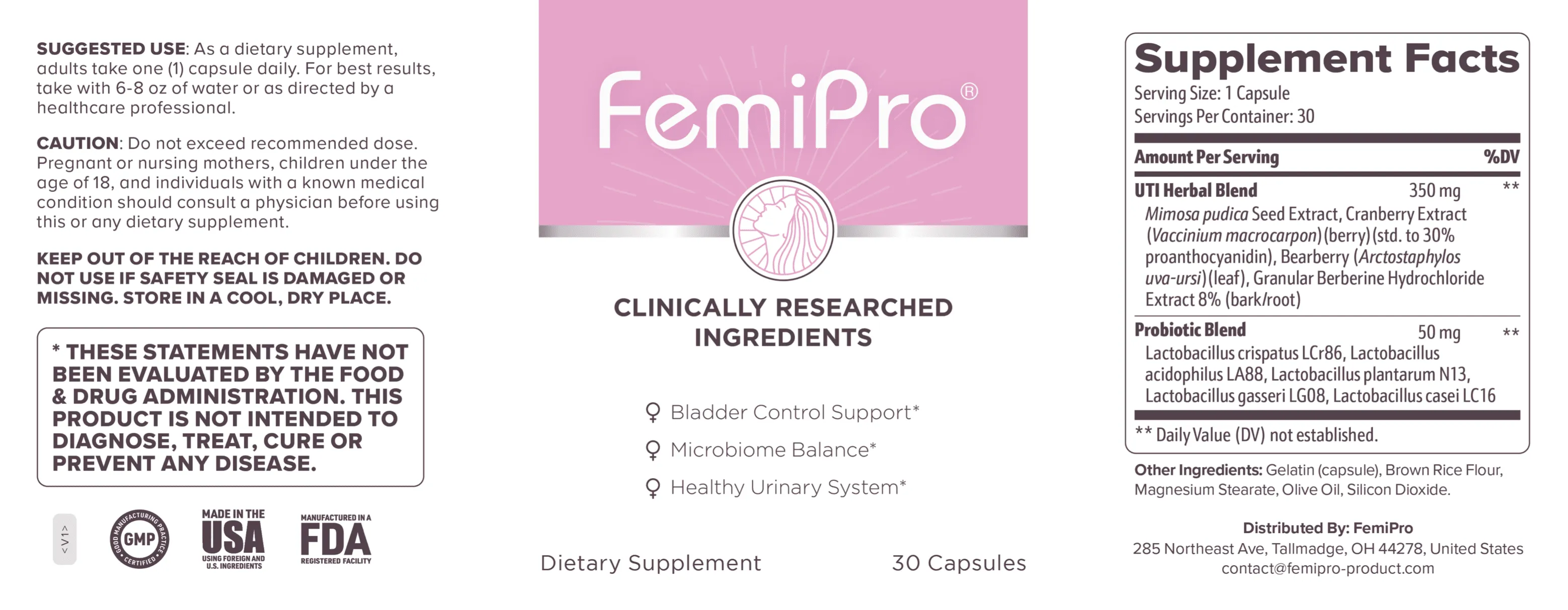 Complete supplement facts and ingredients label for FemiPro capsules showing exact dosage and natural botanical extracts